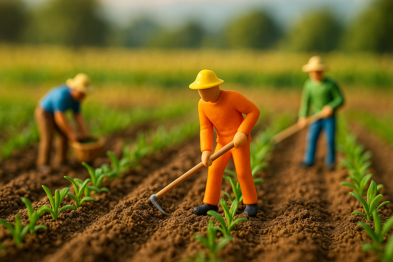 A imagem mostra bonecos de brinquedo em estilo miniatura representando trabalhadores rurais em uma lavoura. Em primeiro plano, um boneco de uniforme laranja e chapéu amarelo usa uma enxada para cultivar a terra entre fileiras de pequenas plantas verdes. Ao fundo, outros dois bonecos — um de camisa azul e outro de verde — também cuidam das plantações, em um cenário de campo com solo marrom detalhado e vegetação esverdeada ao longe.