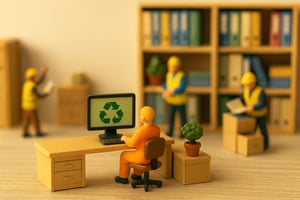 A imagem mostra um cenário em miniatura de escritório, com bonecos de brinquedo representando trabalhadores. Em primeiro plano, um boneco de uniforme laranja está sentado em uma cadeira diante de uma mesa de madeira, digitando em um computador cuja tela exibe o símbolo verde da reciclagem. Ao lado da mesa há uma pequena planta sobre uma caixa. Ao fundo, outros bonecos com coletes amarelos realizam tarefas perto de estantes cheias de pastas coloridas, compondo um ambiente organizado e iluminado em tons suaves.