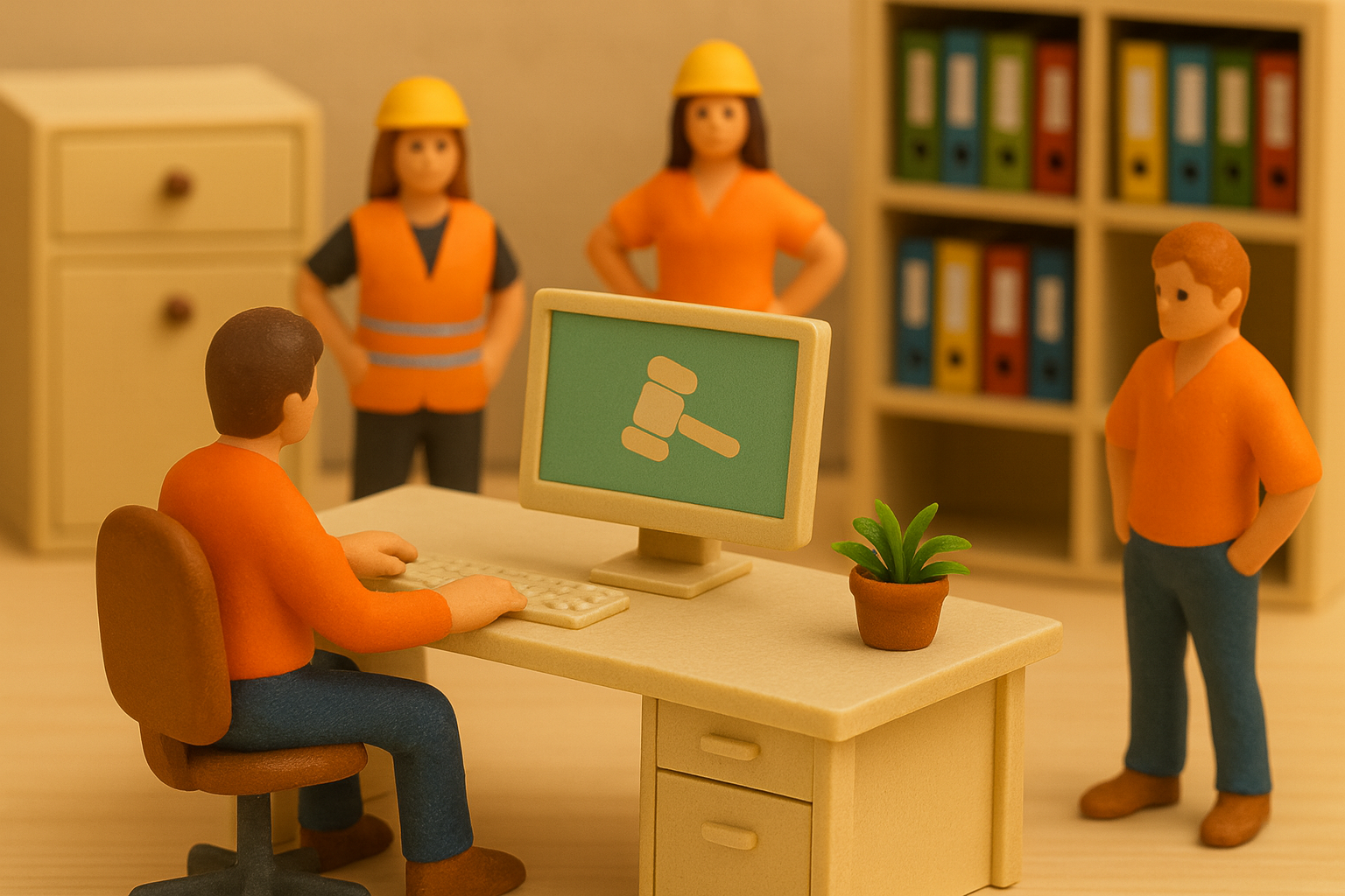 Miniatura de escritório com bonecos de brinquedo humanoides, em estilo tilt-shift, representando trabalhadores em atividades de conformidade legal. Um personagem digita em um computador com ícone de martelo de juiz na tela, enquanto outros interagem ao fundo em um ambiente com estante de pastas e móveis organizados.