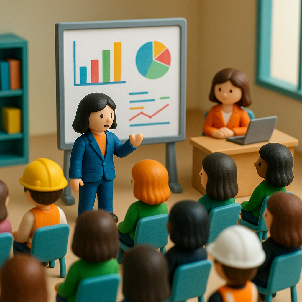 A imagem mostra uma palestra corporativa em miniatura, no estilo de brinquedos. No centro, uma mulher com terno azul e camisa laranja apresenta diante de um quadro com gráficos coloridos de barras e pizza. À direita, outra mulher, também de terno laranja, está sentada em uma mesa com um laptop. A plateia é formada por vários bonecos humanoides de aparência simples, olhos representados por pequenos pontos pretos e cabelos lisos, com roupas em tons de verde, azul e laranja — incluindo algumas figuras com capacetes e coletes de segurança. O ambiente tem tons pastéis e iluminação suave, reforçando a estética lúdica e realista de miniaturas.