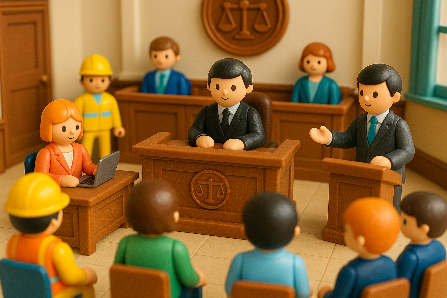 A imagem mostra um tribunal em miniatura no estilo de brinquedos, com bonecos humanoides de aparência simples, olhos representados por pequenos pontos pretos e roupas variadas entre formais e operacionais. Ao centro, um juiz de terno preto está sentado atrás de uma mesa de madeira com o símbolo da balança da justiça. À frente dele, um advogado também de terno faz sua defesa em pé, enquanto uma personagem de terno laranja digita em um laptop. No público, estão figuras sentadas, incluindo bonecos com roupas casuais e de operários com capacete. Ao fundo, mais personagens observam a cena. O ambiente é colorido, em tons vivos e pastéis, reforçando a estética lúdica e realista de miniaturas.