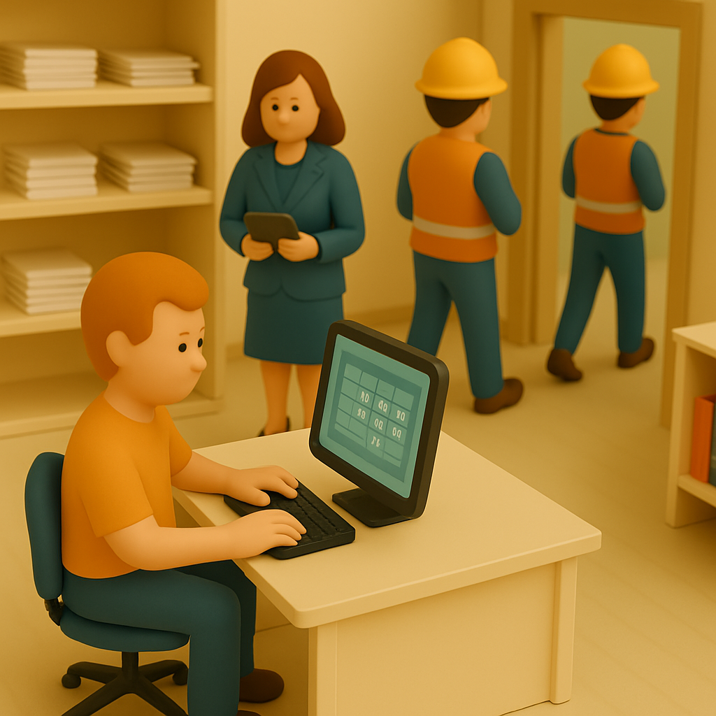 A ilustração em 3D mostra um ambiente de escritório estilizado, com cores suaves e estética de brinquedo. Em primeiro plano, um boneco de cabelo laranja está sentado diante de um computador, digitando no teclado. Atrás dele, uma mulher de terno azul segura um tablet e observa a cena. Ao fundo, dois trabalhadores com capacete amarelo e coletes laranja estão de costas, caminhando em direção a uma porta. À esquerda, há uma estante com pilhas de papel organizadas, e à direita parte de uma mesa com pastas guardadas. O cenário transmite a ideia de rotina administrativa e fluxo de documentos entre o escritório e o setor operacional.