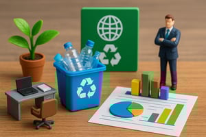 Cena em miniatura representando um escritório voltado à gestão ambiental: uma pequena mesa com notebook e cadeira aparece ao lado de um cesto azul cheio de garrafas plásticas com símbolo de reciclagem. Atrás, um boneco de terno observa gráficos coloridos sobre sustentabilidade e um painel verde com o ícone do planeta Terra e setas de reciclagem. Um vaso com planta completa o cenário, transmitindo a ideia de economia circular e responsabilidade ambiental.