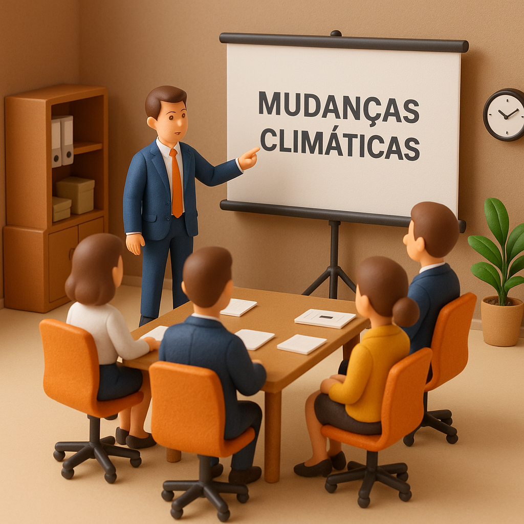 Ilustração mostra uma sala de reunião corporativa com bonecos humanoides em escala de brinquedo. Um palestrante de terno azul aponta para uma tela com o texto “Mudanças Climáticas”, enquanto quatro pessoas sentadas em cadeiras laranja assistem à apresentação. O ambiente é bem iluminado, com mesa de madeira, planta decorativa e estética profissional em tons neutros e verdes.