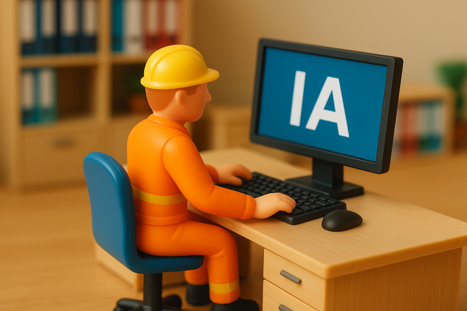 Um boneco de brinquedo vestido com uniforme laranja e capacete amarelo está sentado em uma cadeira azul, diante de uma mesa de escritório de madeira clara. Ele digita em um teclado preto, enquanto na tela do computador aparece em destaque a sigla “IA”, em referência à inteligência artificial. Ao fundo, há estantes com pastas e detalhes que compõem o ambiente de um escritório em miniatura.