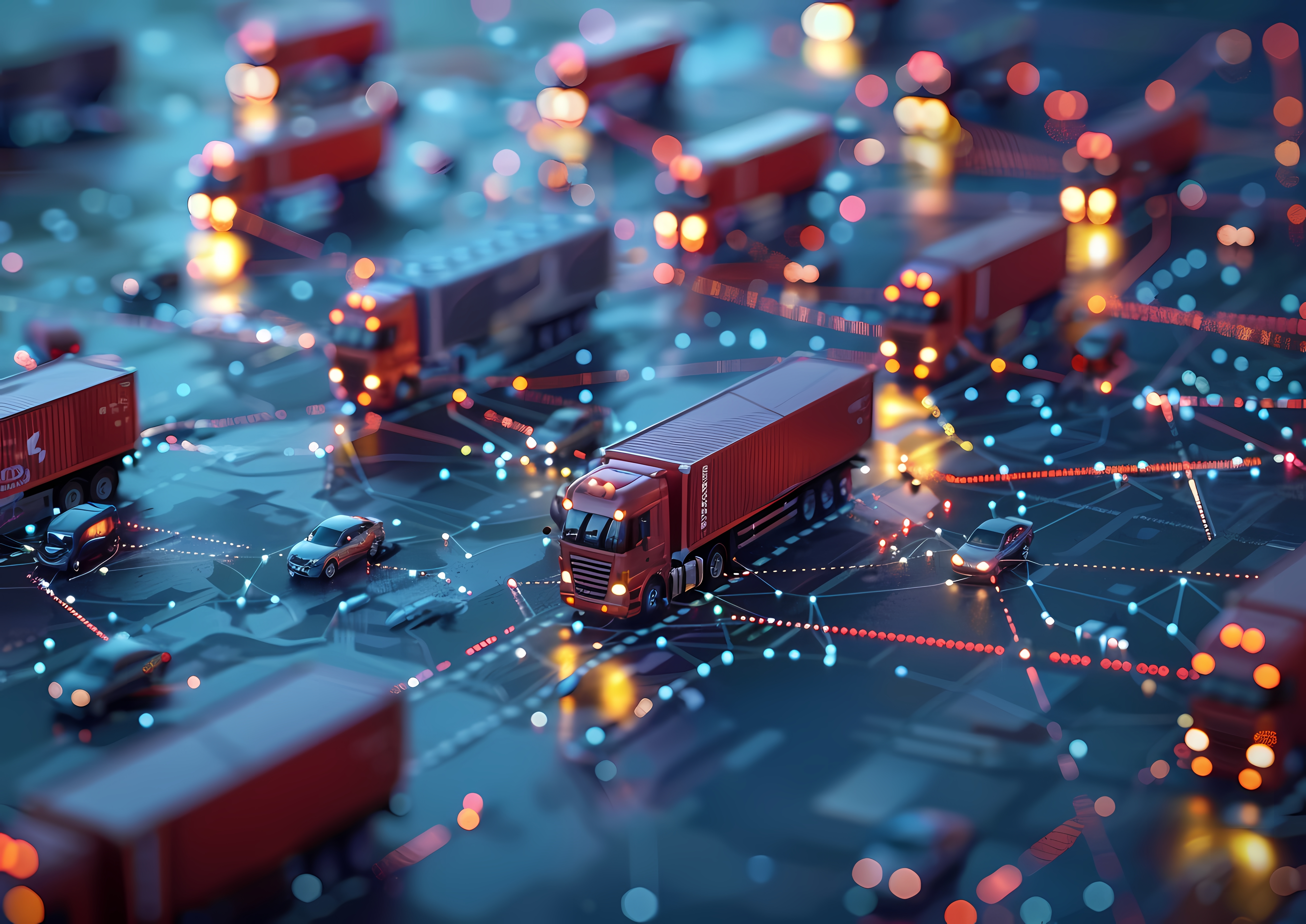 Ilustração futurista de logística e cadeia de suprimentos mostrando vários caminhões vermelhos circulando por uma malha viária estilizada, com pontos e linhas luminosas em azul e vermelho conectando os veículos, simbolizando rastreamento digital, integração de dados e monitoramento em tempo real do transporte de cargas.
