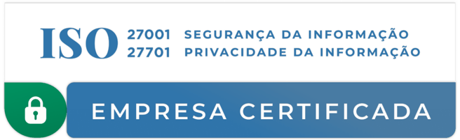 Selo de certificação destacando que a empresa possui as normas ISO 27001 (Segurança da Informação) e ISO 27701 (Privacidade da Informação). A parte inferior contém uma faixa azul com o texto em branco: “Empresa Certificada”, acompanhado de um ícone verde com um cadeado branco, simbolizando proteção e confiabilidade.