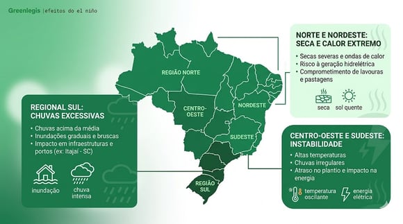 Mapa do Brasil com os efeitos do El Niño sobre o país