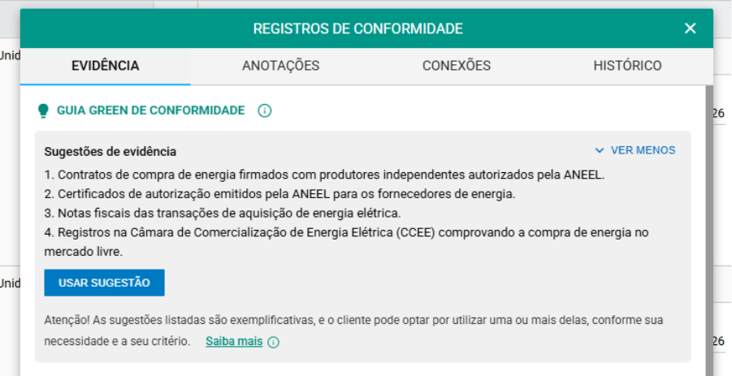 Captura de tela da plataforma Greenlegis mostrando a janela “Registros de Conformidade”, na aba “Evidência”, com o Guia Green de Conformidade aberto e uma lista de sugestões de evidência relacionadas à compra de energia elétrica, incluindo contratos com produtores autorizados pela ANEEL, certificados de autorização, notas fiscais e registros na CCEE, além do botão “Usar sugestão”.