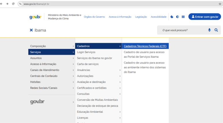 Captura de tela do site do Ibama