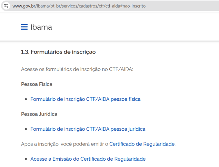 Captura de tela do site do Ibama