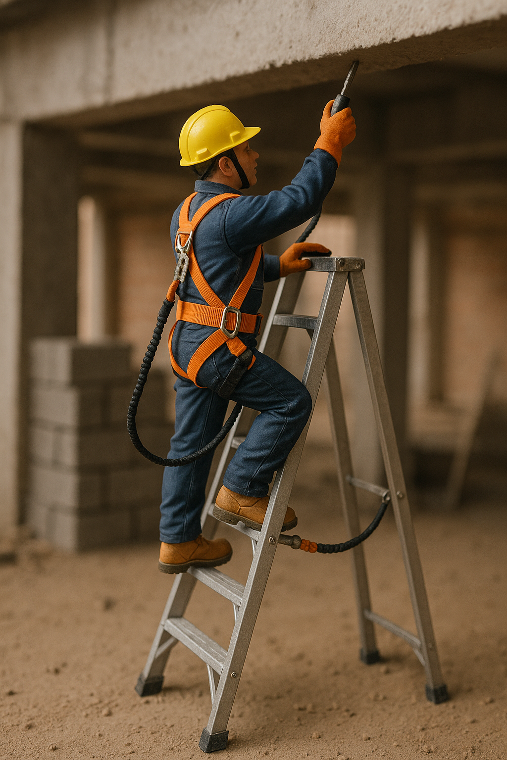 Boneco estilizado de trabalhador da construção civil em uma escada móvel, usando capacete, luvas, botas, cinturão de segurança e talabarte preso à estrutura. Ele trabalha próximo a uma viga em um ambiente de obra, com chão de terra e estruturas de concreto ao fundo, no estilo fotográfico de miniaturas.